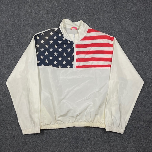 Vintage Surf Style USA Flag Print 1/4 Zip Pullover Windbreaker Jacket Size J - Picture 1 of 10